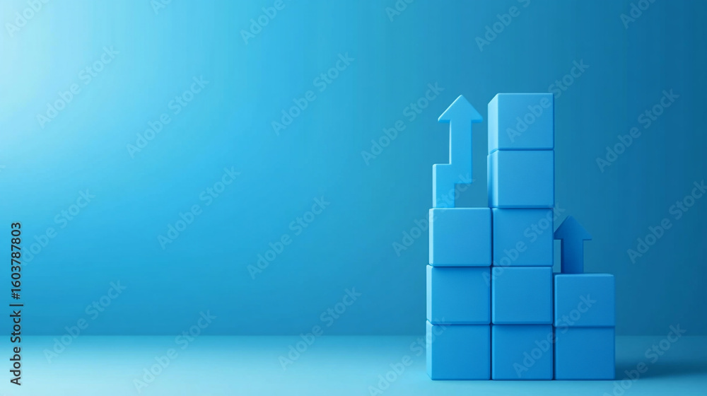 Poster blue blocks build upward showing growth and progress