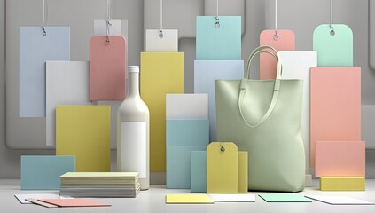 Colorful tags, bag, and bottle on a light gray surface