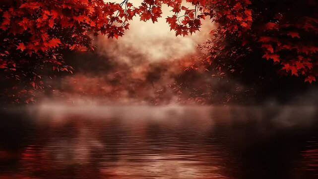 Red Autumnal Forest Scene with Mist