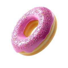 Bright pink frosted donut with sprinkles floating against a white background