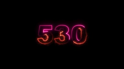 530 number neon bright magenta red color animation. black background 4k video.