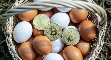 Golden Bitcoin coins nestled amongst a mix of white and brown eggs in a woven basket outdoors symbolizing the intersection of traditional assets and digital currency