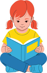 Charming illustration of a young girl with red hair sitting cross-legged, absorbed in reading a book, a concept of childhood learning, literature, and imagination.