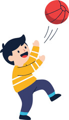 A cheerful young boy in a striped sweater joyfully throwing a red ball in the air. This isolated vector graphic illustrates a happy kid engaged in active play.