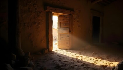 Mysterious and inviting scene of a rustic stable door ajar, with a brilliant, divine light pouring out into the darkness.

