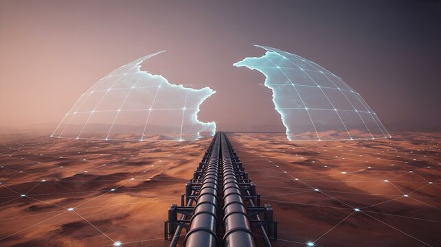 Industrial pipeline crossing arid landscape under glowing digital globe desert