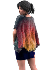 3D illustration of a fashionable woman in a modern outfit featuring a cutout dress and a multicolored faux fur cape. She poses confidently, showcasing a bold and trendy cyber inspired style.
