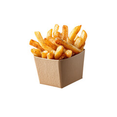 Crispy golden fries served in a cardboard container at a casual dining establishment during lunchtime