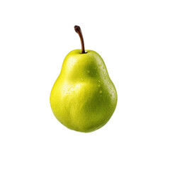 Fresh green pear with water droplets on a white background, highlighting its natural texture and color