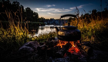 A rustic black kettle heats up over a glowing campfire by a tranquil river at dusk.