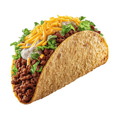 Taco filled with seasoned beef, lettuce, cheese, and sour cream against a clean background