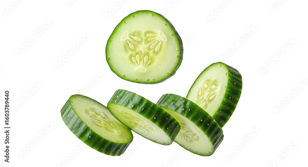 Poster fresh cucumber slices isolated on transparent background