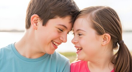 Caucasian teenagers down syndrome brother sister smiling laughing together outdoor natural light. Special needs siblings happy joyful bonding inclusion diversity family love. Down syndrome happiness