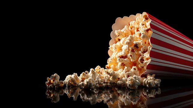 A striped popcorn box spills popcorn onto a reflective black surface. The scene captures the essence of movie snacks and entertainment.