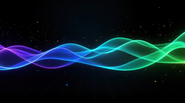 Vibrant glowing sound wave with sparkling particles on black background