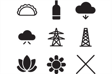 Set of Black Icons Representing Weather, Industry, and Nature