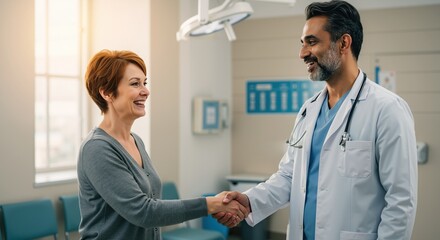 Obraz premium Happy woman patient shaking hands with smiling male doctor in modern medical clinic with bright lighting. Healthcare professional greeting female in hospital treatment room. Medical care concept