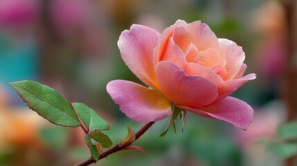 Obraz premium A vibrant, dew-kissed rose in soft pinks and oranges.