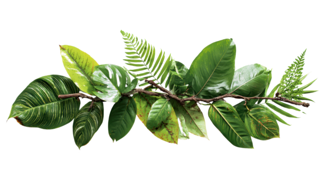 A lush green branch with assorted leaves, isolated on a white background.