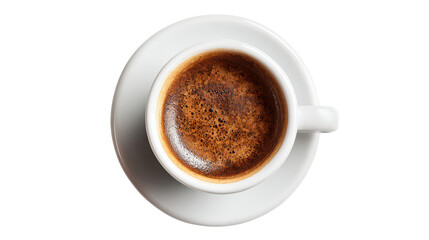 Fototapeta premium A top view of a cup of coffee on a white background, showcasing rich crema and dark brew.