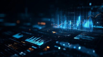 Financial Data Analysis and Business Strategy Charts with Marketing, Planning, and Technology Hologram Concept