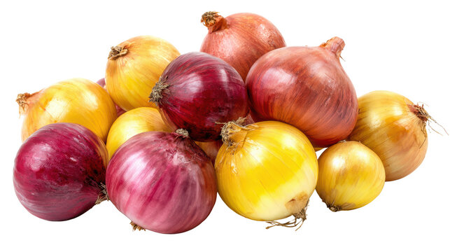 Assorted onions in various colors stacked together, white isolate background