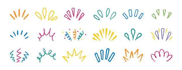 sunburst, doodle sun rays colorful lines. Cute funny hand drawn lines showing concentrated lines set, awareness, inspiration and surprises