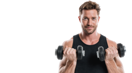 Athletic man lifting dumbbells against a white background, showcasing strength and fitness.