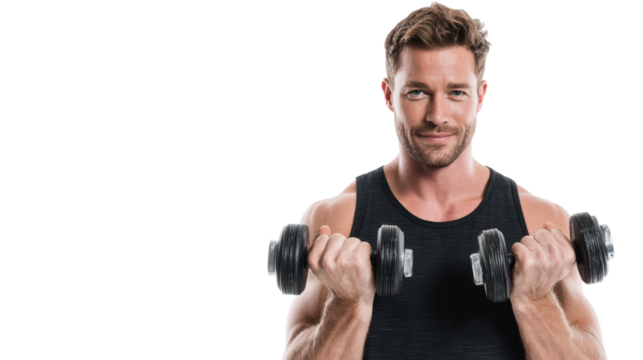 Athletic man lifting dumbbells against a white background, showcasing strength and fitness. - Powered by Adobe