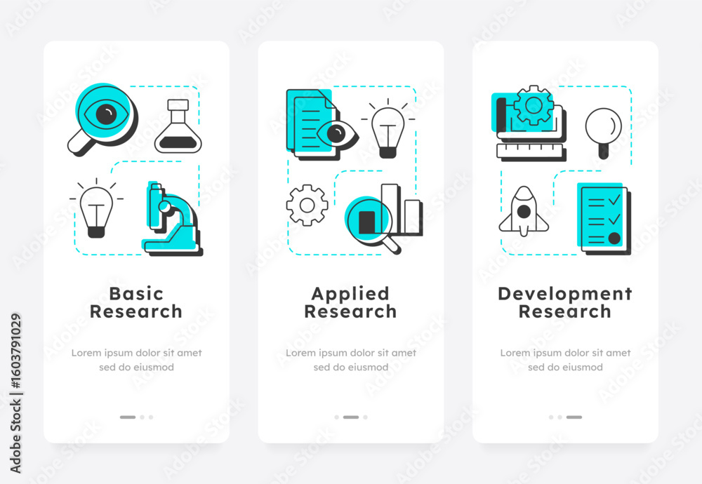 Poster types of research and development mobile app onboarding screens. organization management. innovation