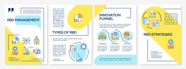 Research and development blue and yellow brochure layout. Types, innovation funnel, strategies. Leaflet advertising design with color line icons. Editable 4 pages. Questrial, Lato-Regular fonts used