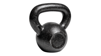Black kettlebell on a white isolated background for fitness and weight training.