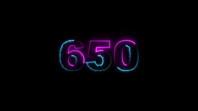 650 number neon bright colorful animation. black background 4k video.