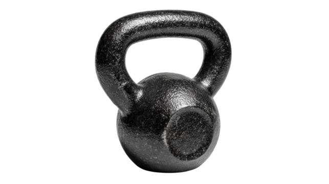 Black kettlebell on a white isolated background for fitness and weight training.