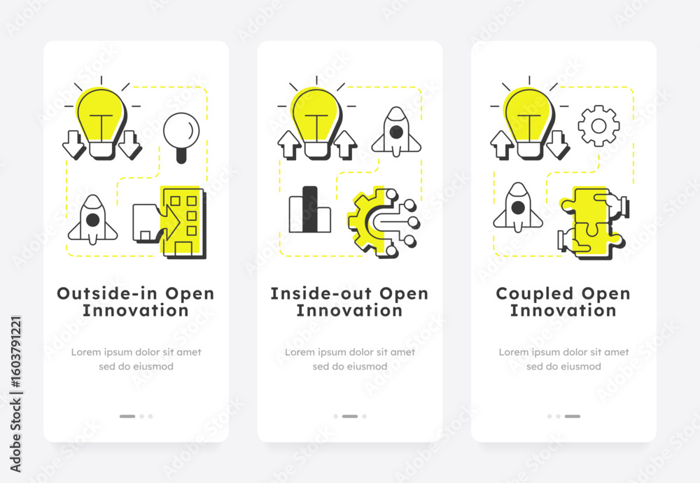 Poster models of open innovation mobile app onboarding screens. research and development management. busine
