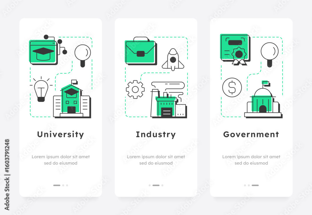 Poster triple helix model mobile app onboarding screens. innovation management. organization development st