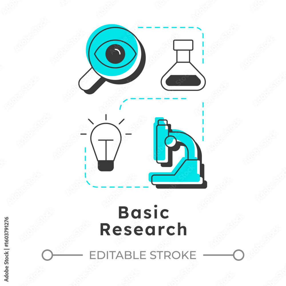 Poster basic research modern linear concept icon. curiosity and desire to expand knowledge. type of study a