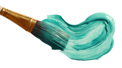 Brush with teal paint creating dynamic strokes on a white background.