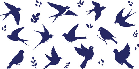 Flying bird silhouettes vector set, minimal wildlife design, flat nature icon, blue swallow illustration, simple drawing elements, decorative leaf accents