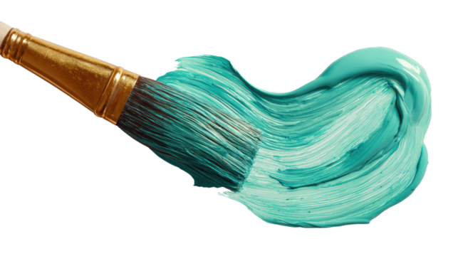 Brush with teal paint creating dynamic strokes on a white background.