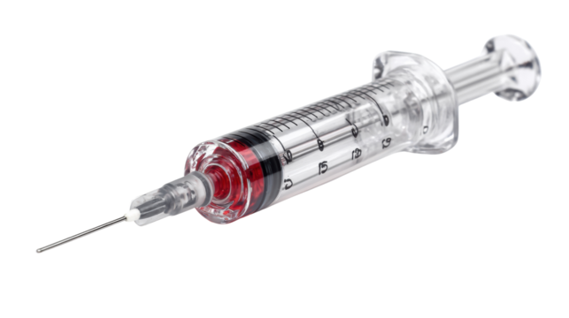 Close-up of a medical syringe filled with red liquid on a white isolated background.