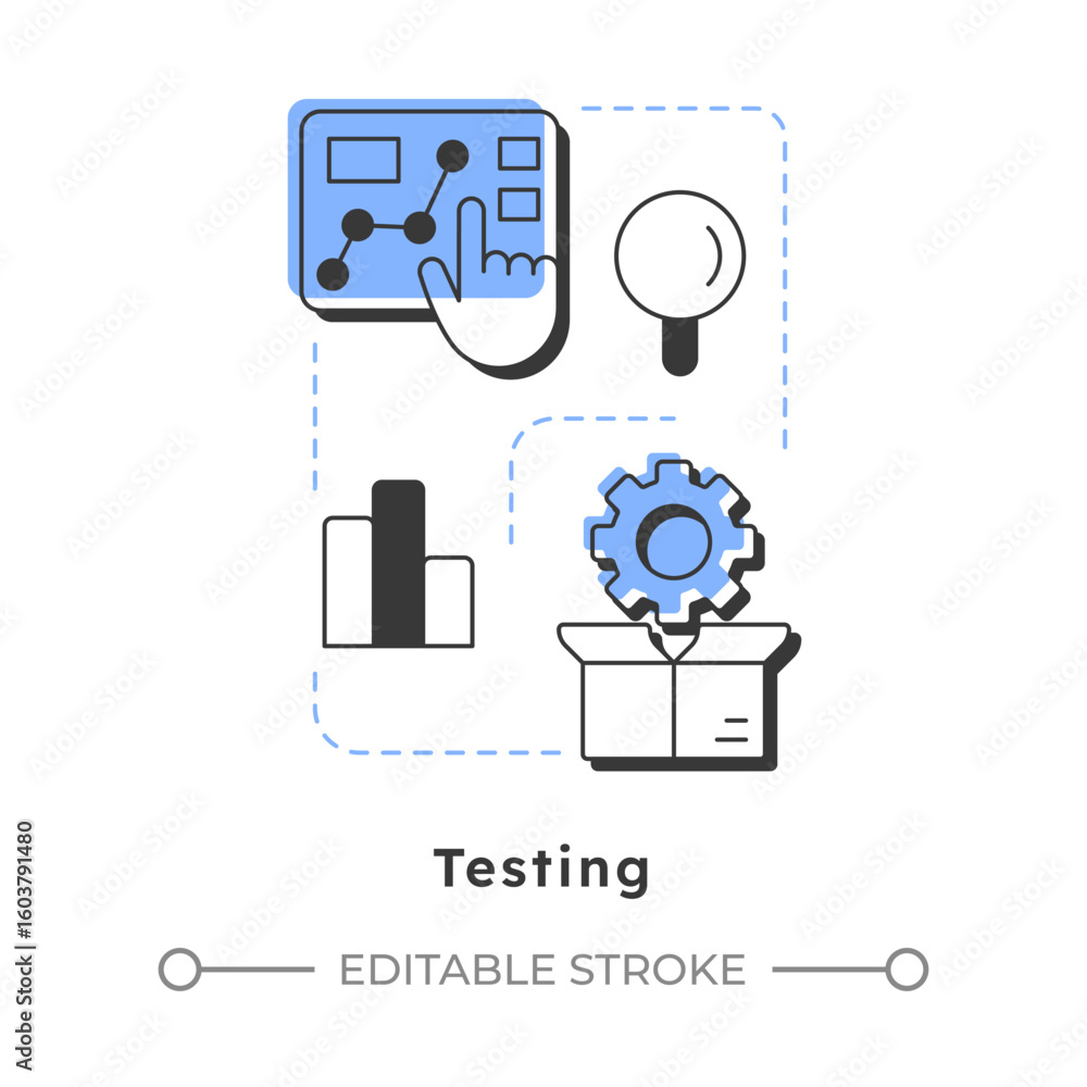 Poster testing modern linear concept icon. prototype evaluation under controlled real world conditions. inn