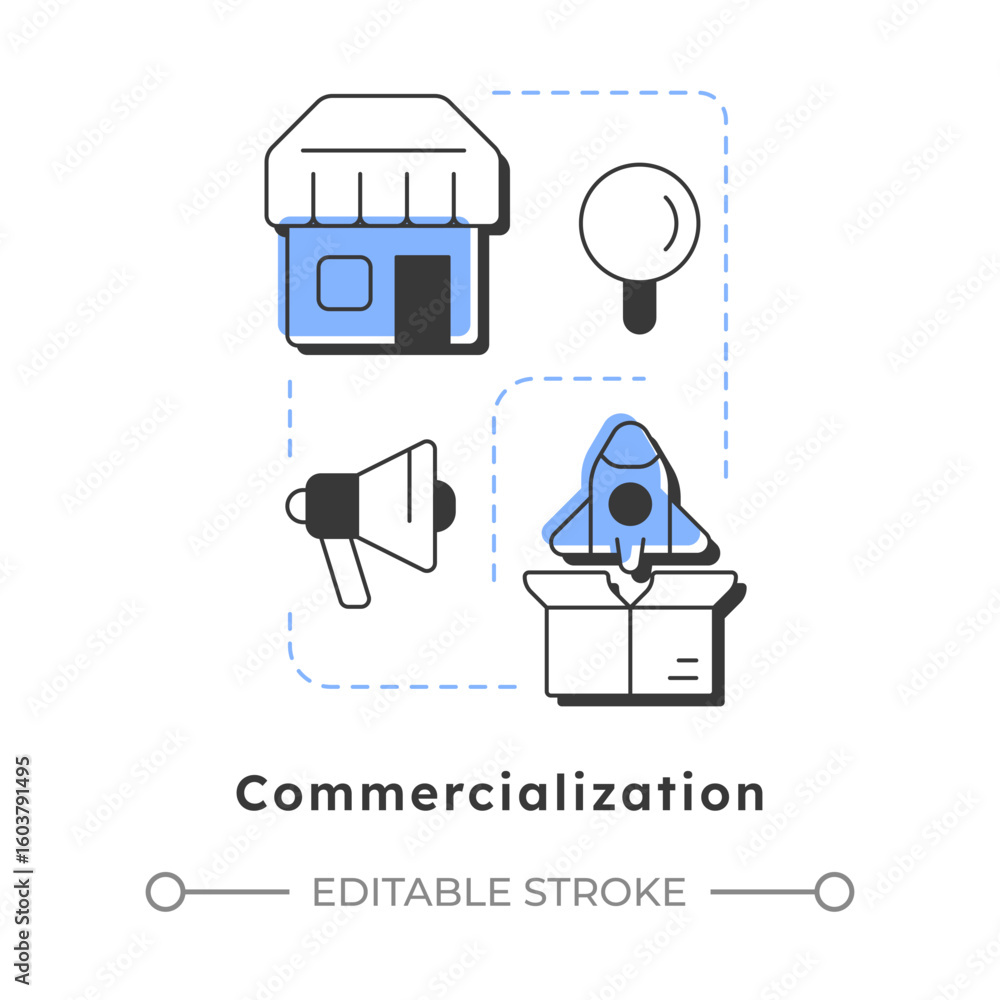 Aufkleber commercialization modern linear concept icon. introducing product and service to market. innovation 