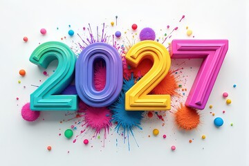 Colorful 3 D 2027 Numbers with Paint Splatters and Spheres