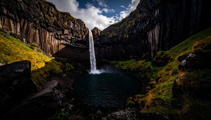 Majestic Waterfall Cascading into a Dark Pool Iceland.