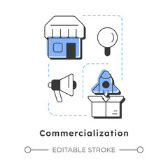 Commercialization modern linear concept icon. Introducing product and service to market. Innovation funnel. Flat outline elements connected with dotted lines. Creative visual. Easy to edit
