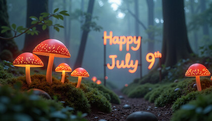 Whimsical forest scene with cheerful mood, glowing mushrooms and July 9th date, copy space