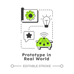 Prototype in real world modern linear concept icon. Pilot product. Technology readiness level. Deployment stage. Flat outline elements connected with dotted lines. Creative visual. Easy to edit