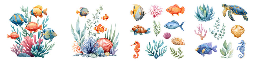 Obraz premium Watercolor Sea Life and Coral Reef Illustration on White
