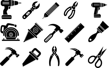 Black silhouette grid of construction and repair tools including drill, hammer, saw, ruler, brush, and pliers on white background